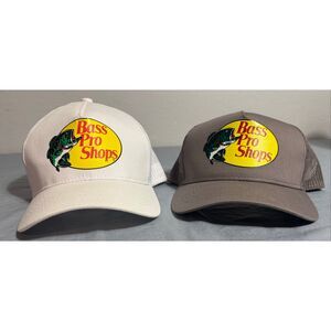 Bass Pro Shops Hat Mens Trucker White & Brown Snapback Mesh Lot of 2